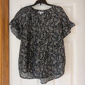 Black Short Sleeve Ruffle Blouse with Paisley Pattern Ophelia Roe Medium NWT